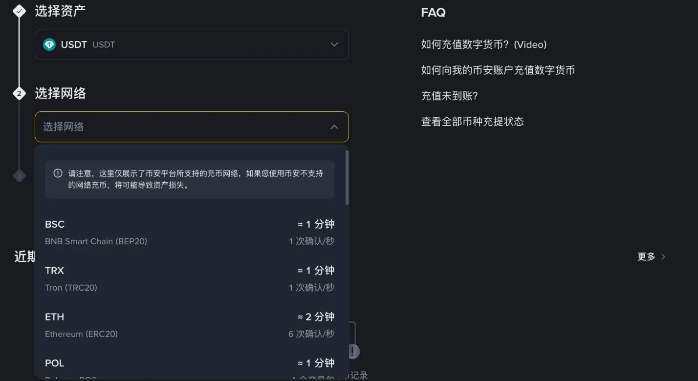 币安充值页的网络提醒：使用币安不支持的网络充币可能导致资产损失